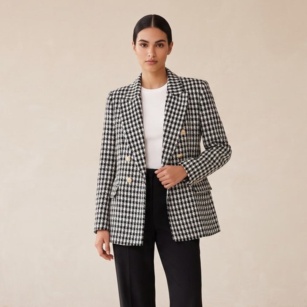 Zara Houndstooth Double Breasted Blazer Jacket Coat Black White Tailored XL